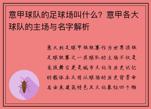 意甲球队的足球场叫什么？意甲各大球队的主场与名字解析