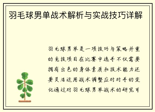 羽毛球男单战术解析与实战技巧详解
